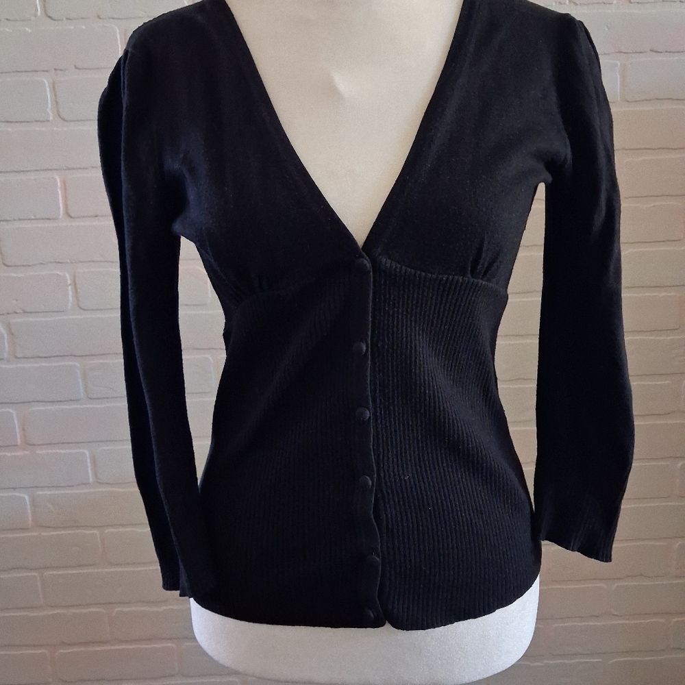 White House Black Market Black Ribbed Button-Front Cardigan